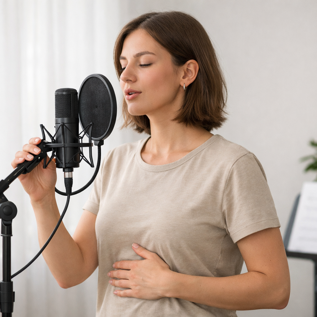 Singer practicing breath control for soft singing technique