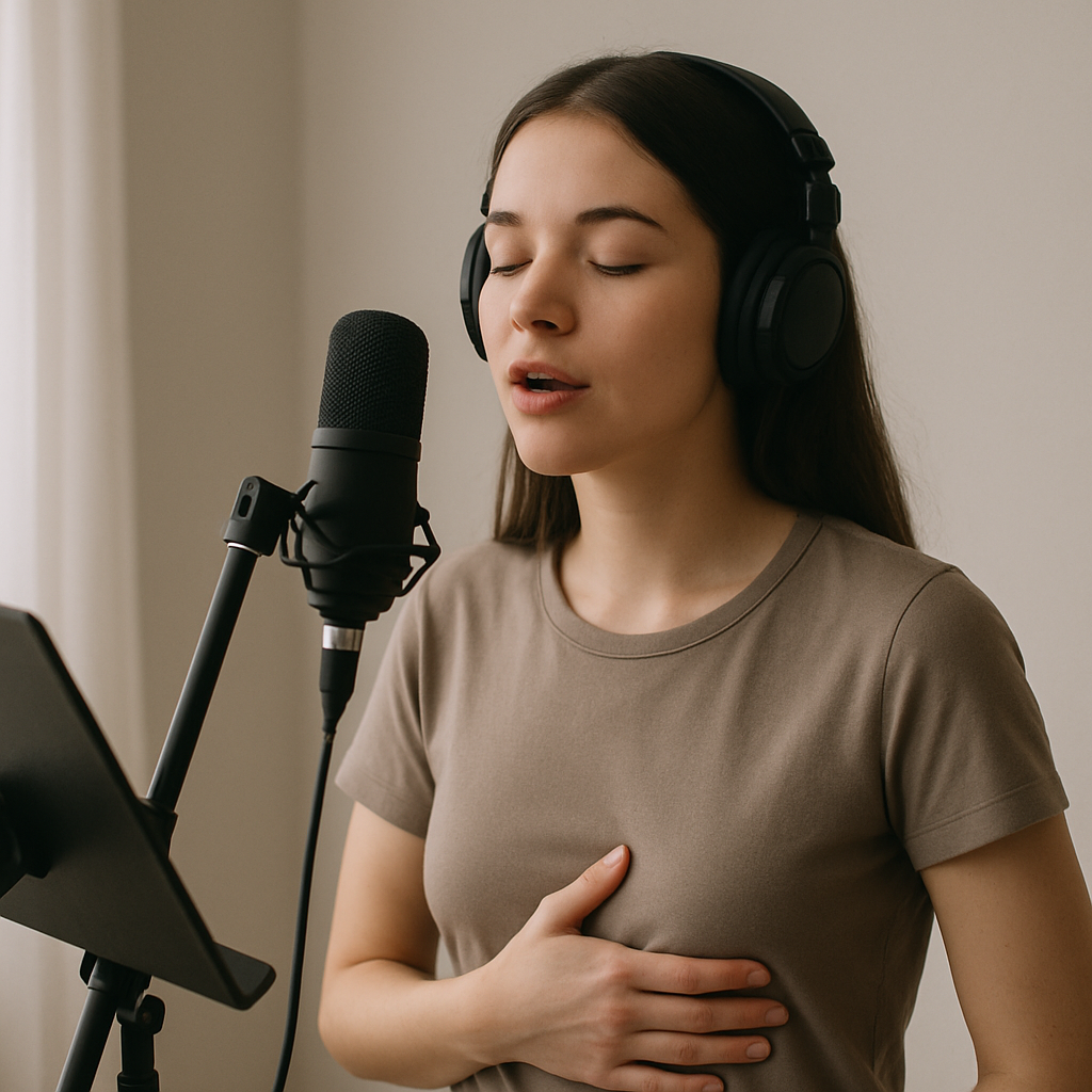 Singer practicing soft singing technique with controlled breathing