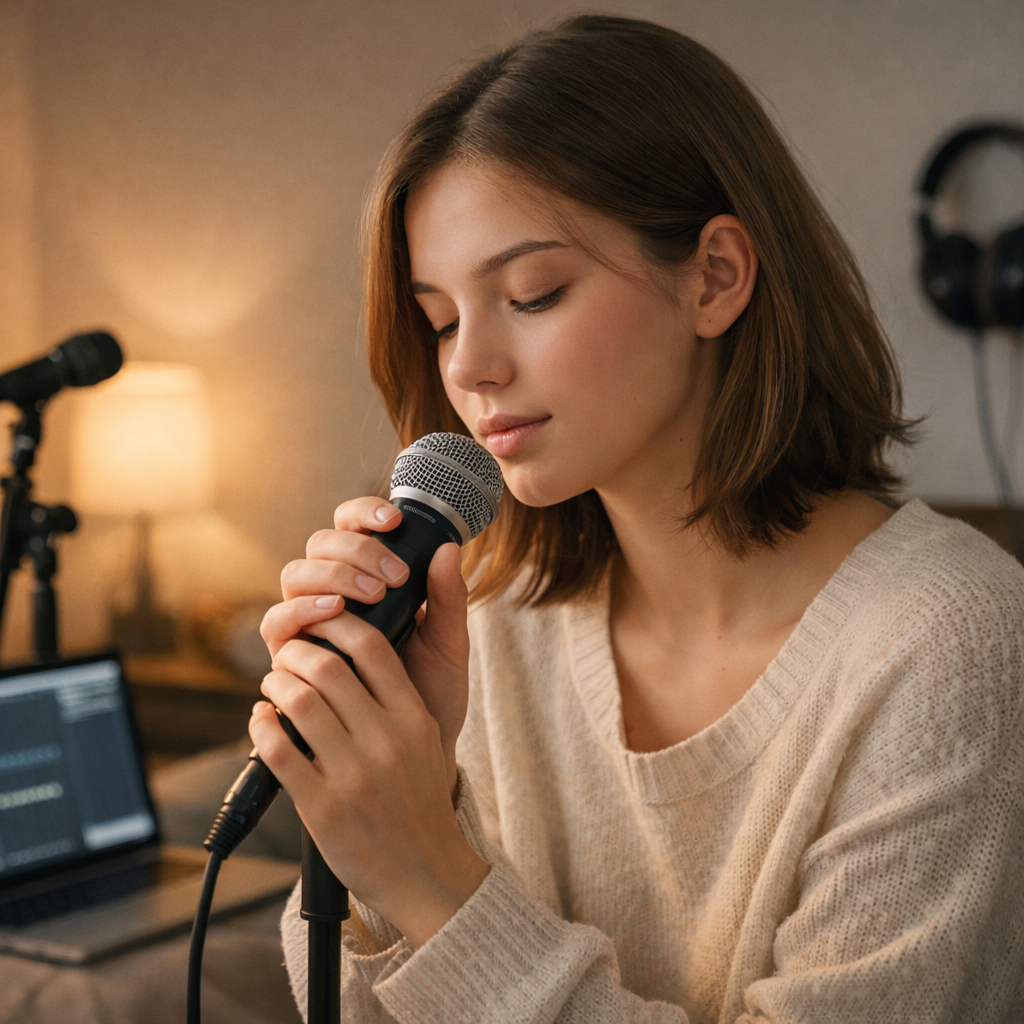 Singer practicing Billie Eilish vocal style with soft breathy tone