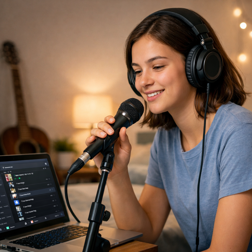 Teen singer practicing Billie Eilish playlist with headphones and microphone