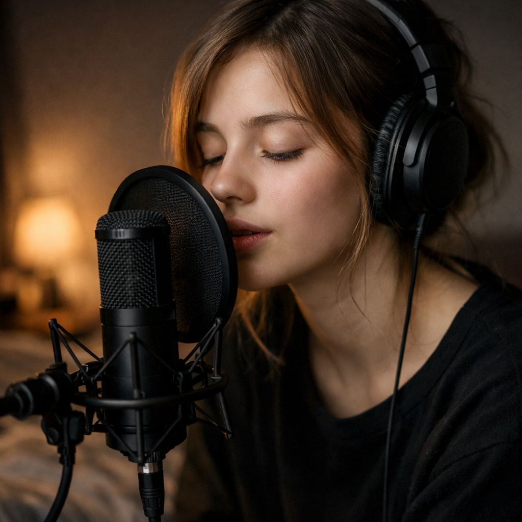Teen practicing whisper singing technique with soft breathy tone
