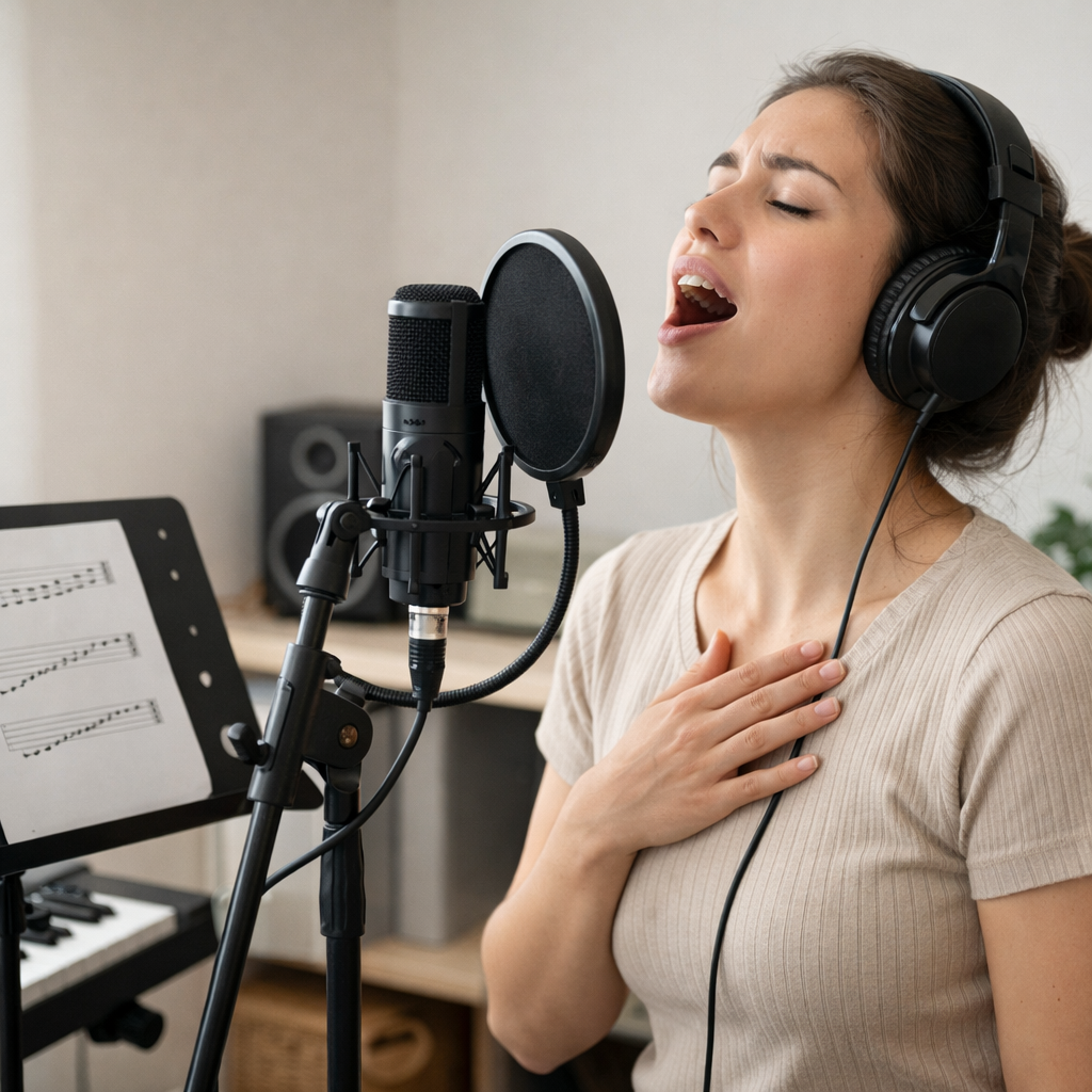 Beginner singer practicing vocal range exercises at home