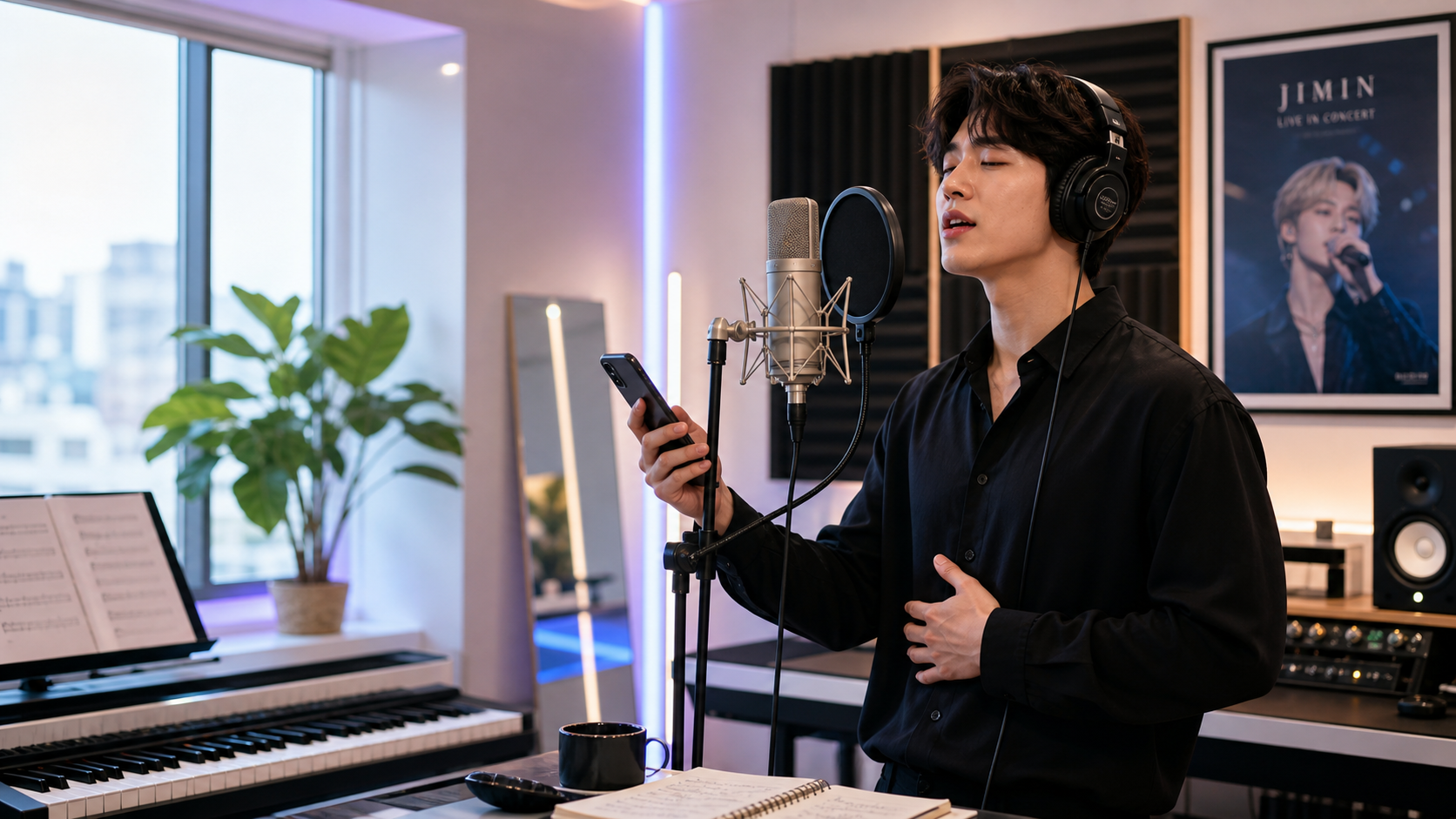 Male singer practicing Jimin vocal style