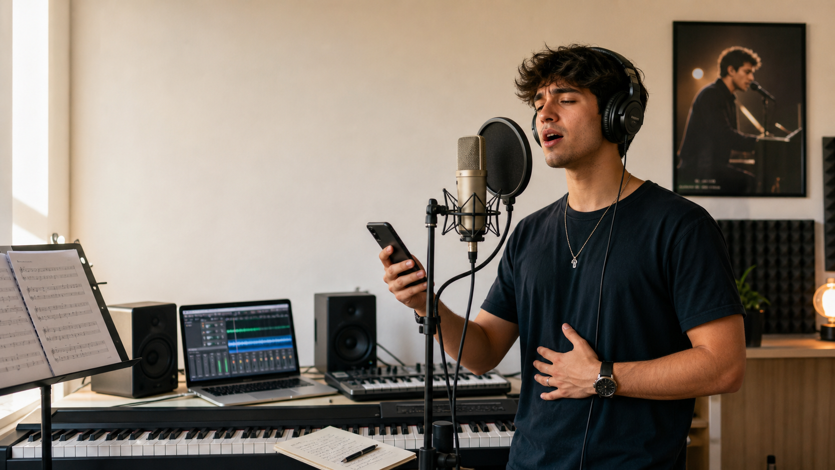 Male singer practicing Charlie Puth vocal style