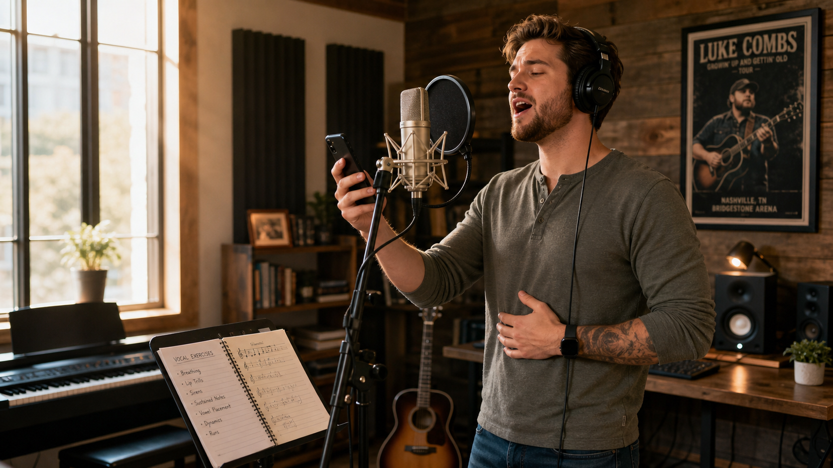 Male singer practicing Luke Combs vocal style