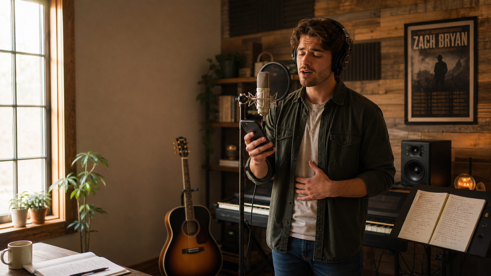 Male singer practicing Zach Bryan vocal style