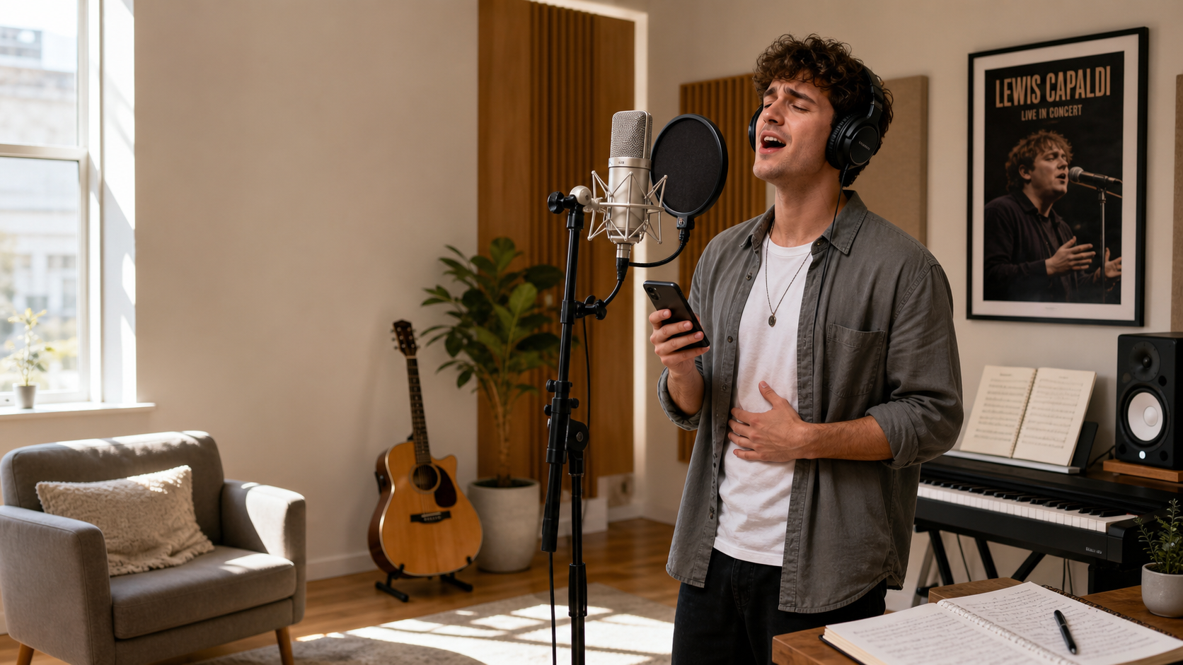 Male singer practicing Lewis Capaldi vocal style