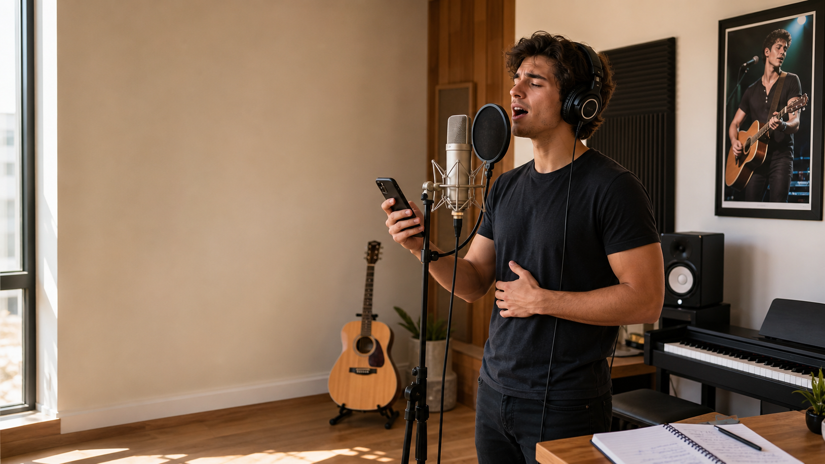 Male singer practicing Shawn Mendes vocal style