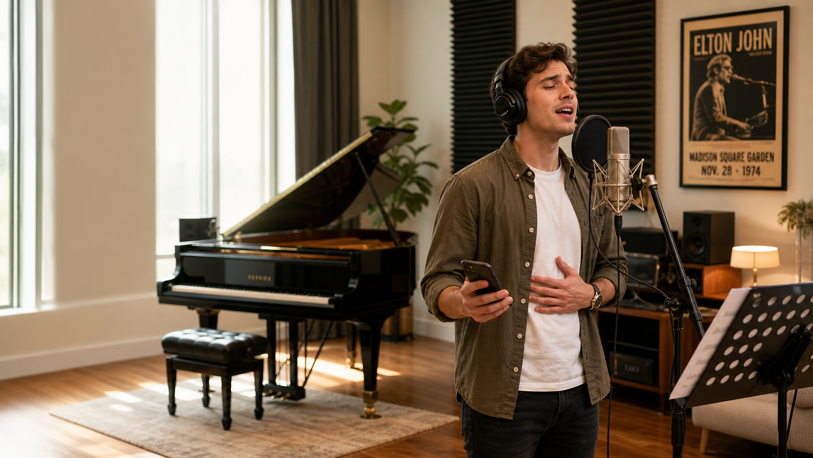 Male singer practicing Elton John vocal style