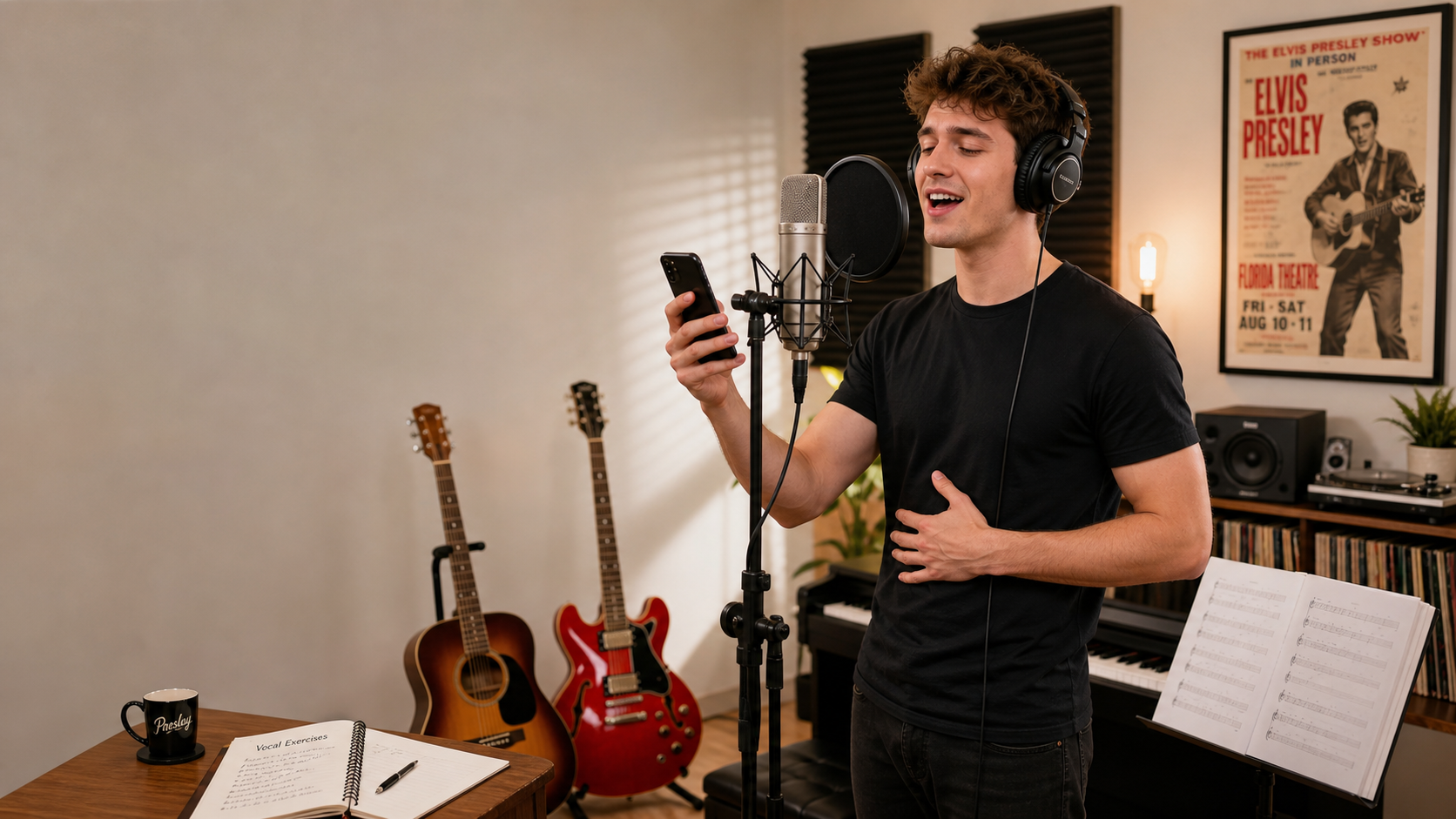 Male singer practicing Elvis Presley vocal style