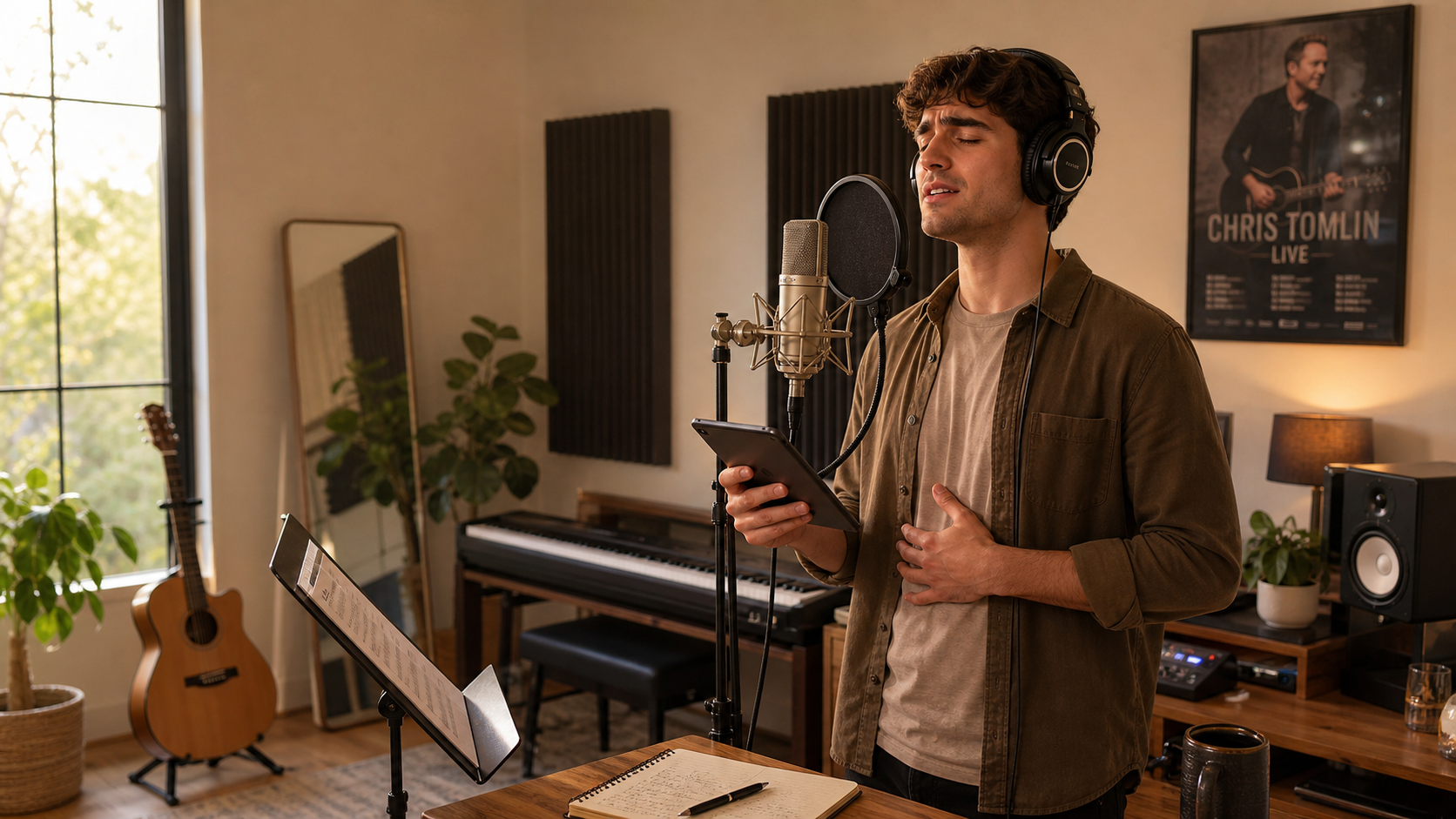 Male singer practicing Chris Tomlin vocal style