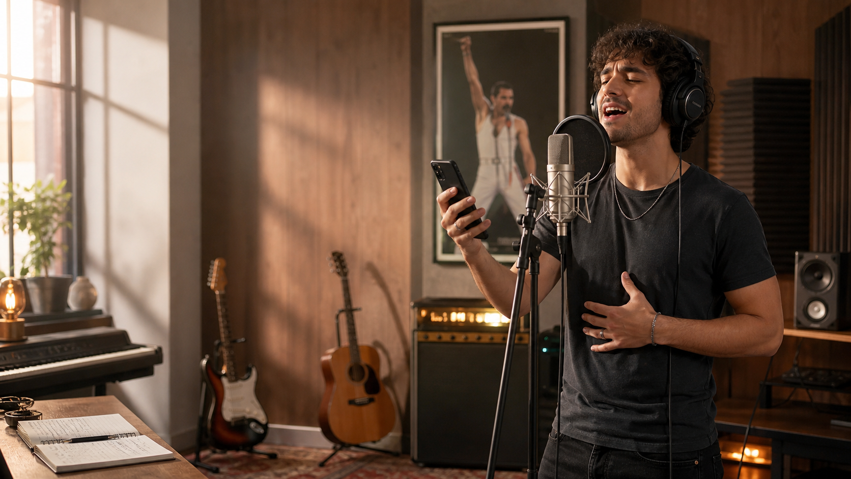Male singer practicing Freddie Mercury vocal style