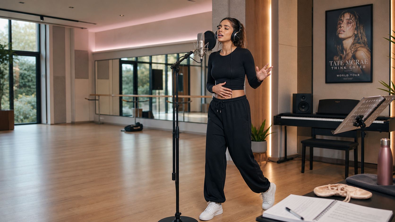 Female singer practicing Tate McRae vocal style