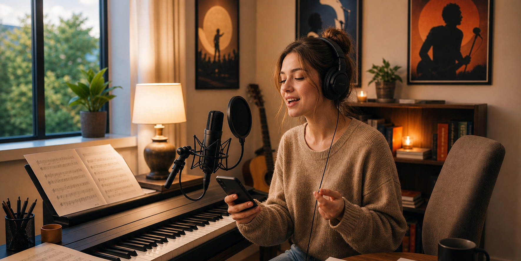 Beginner singer practicing easy Taylor Swift songs at home
