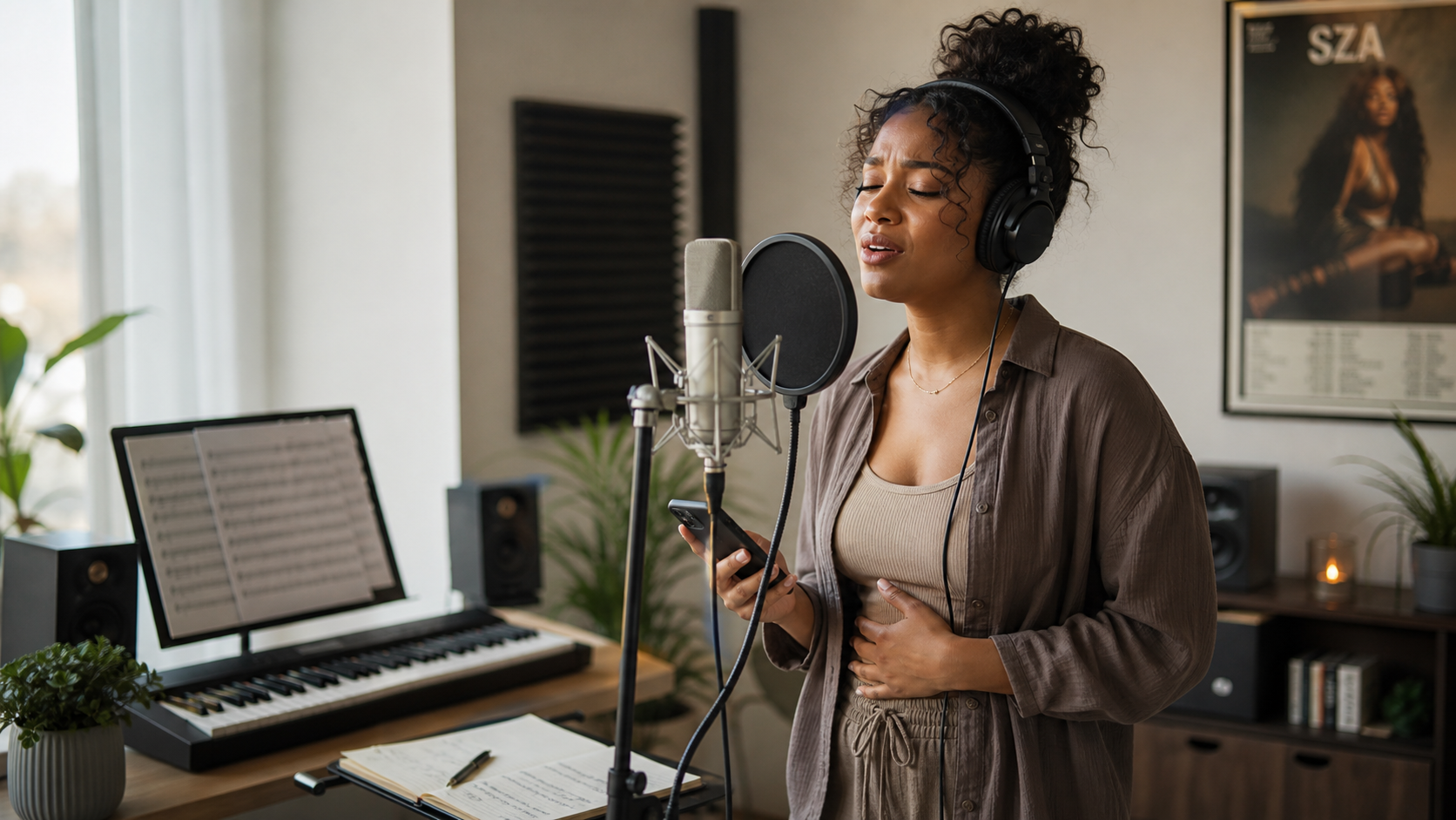Female singer practicing SZA vocal style
