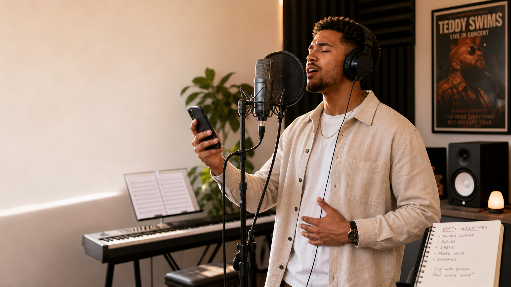 Male singer practicing Teddy Swims vocal style