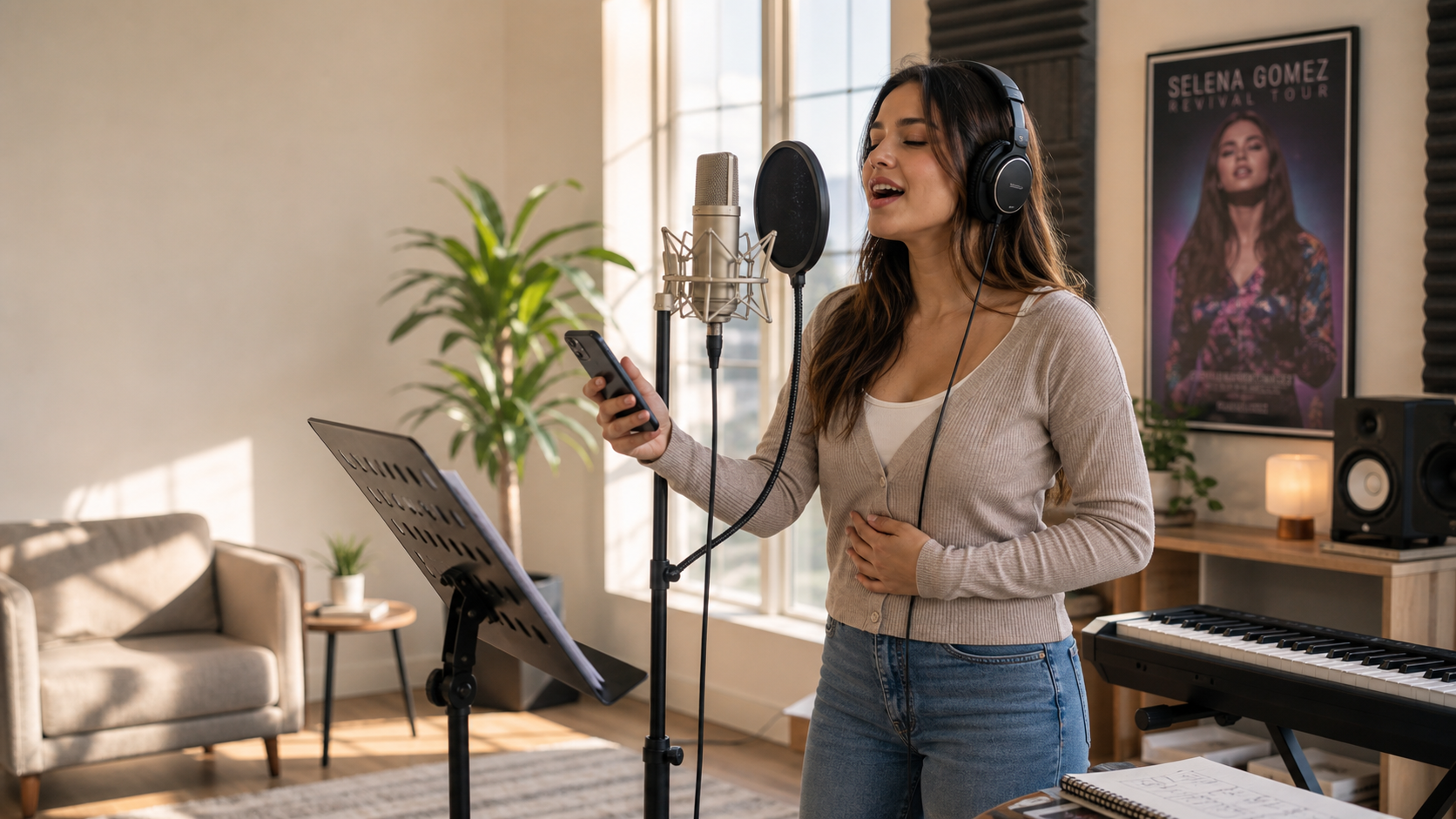 Female singer practicing Selena Gomez vocal style