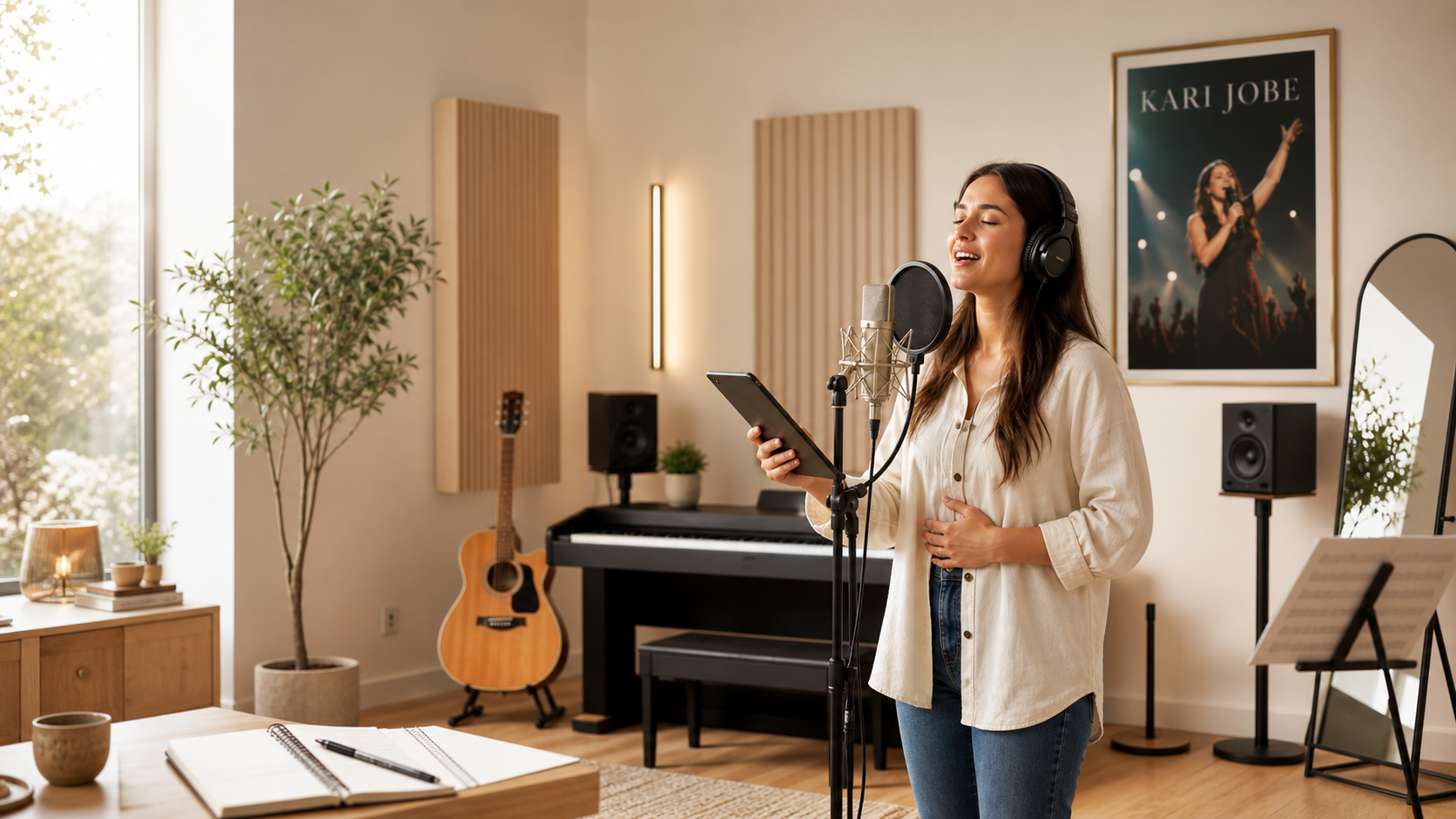 Female singer practicing Kari Jobe vocal style