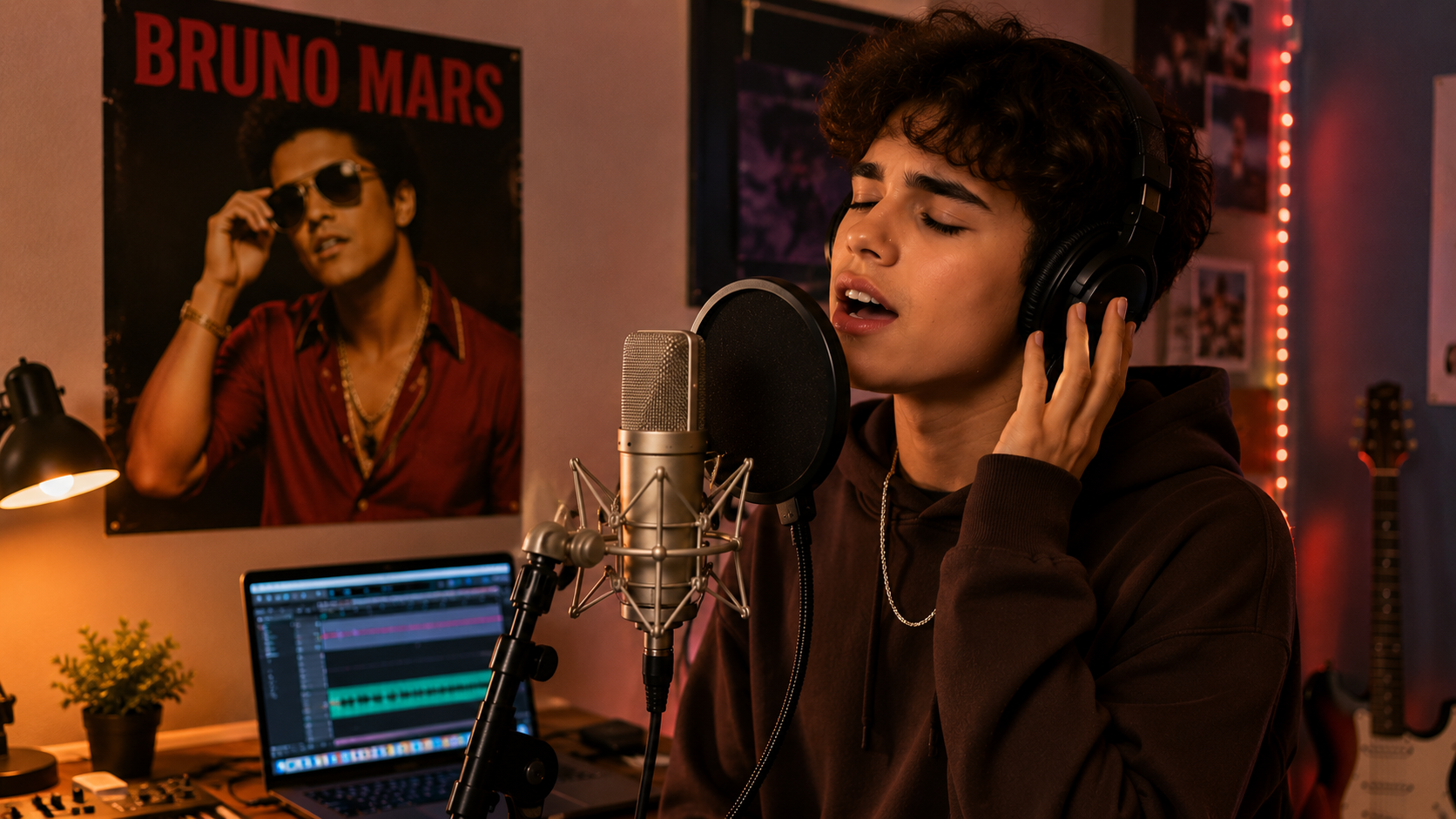 Singer practicing Bruno Mars vocal style