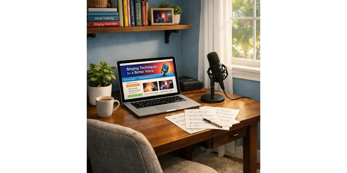 A cozy home singing practice space with a microphone and laptop, representing beginner exercises for pitch control.