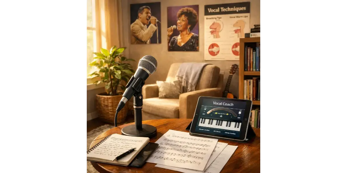 A comfortable home singing practice space with a microphone setup, representing a beginner's vocal training environment.