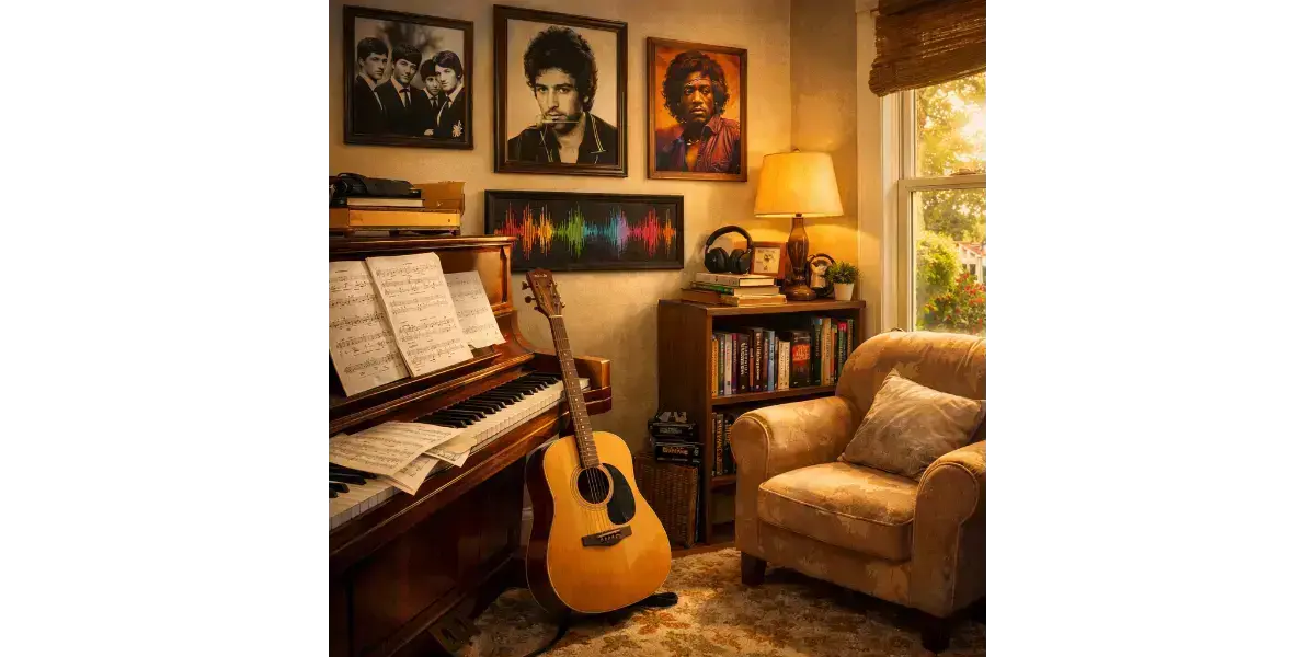 A guitar and piano in a music room, representing instruments used by beginners to practice singing in tune.