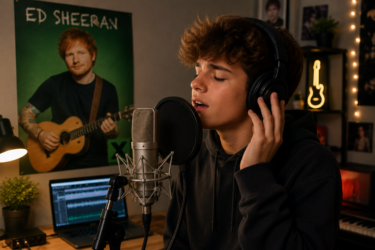 Singer practicing Ed Sheeran vocal style