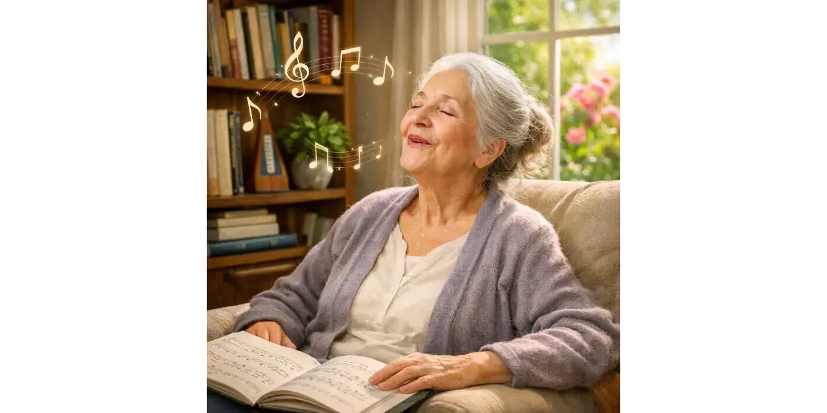 A senior woman sitting comfortably at home, representing vocal wellness and healthy aging for singers.