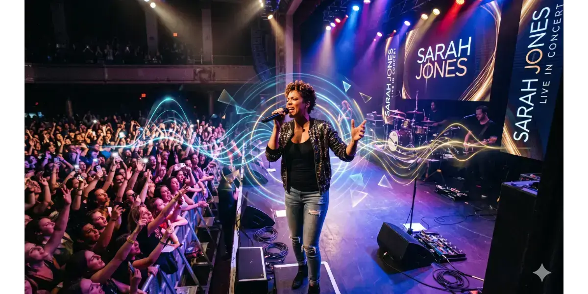 A female pop singer performing live on stage representing Rihanna's unique vocal style and stage presence."