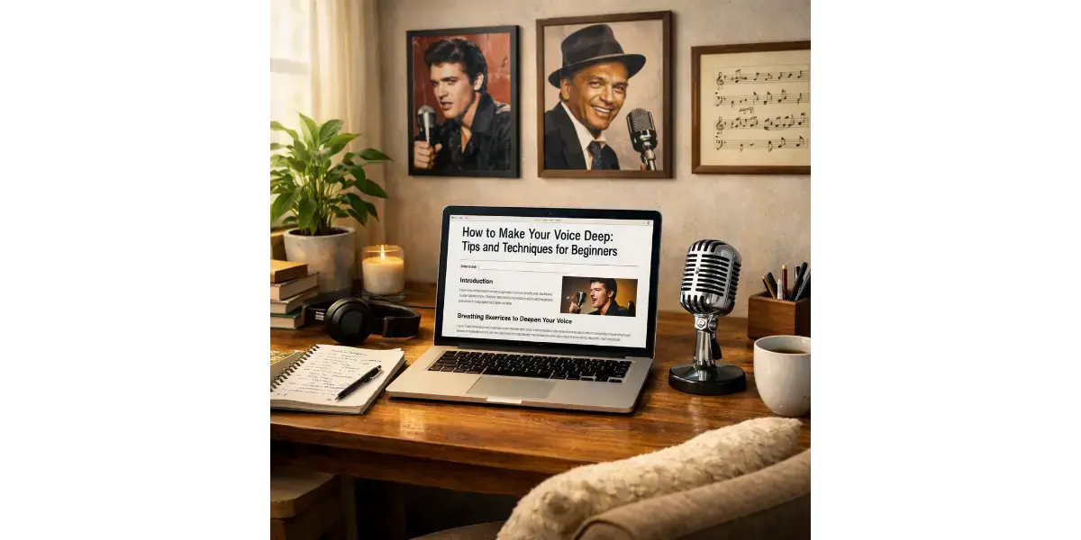 A dedicated home recording studio setup featuring a microphone and laptop for vocal practice and recording.