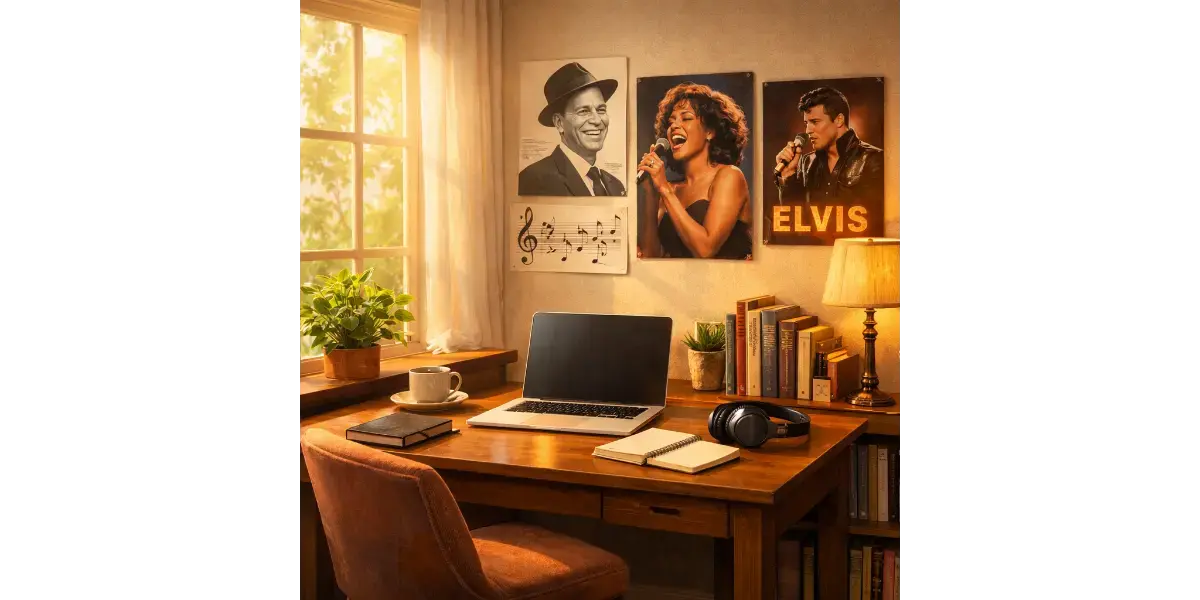 A cozy desk setup with a laptop, headphones, and framed posters of famous singers on the wall, representing online music learning.