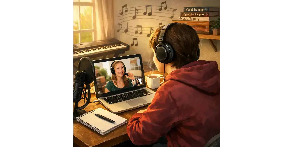 A beginner student practicing from home during a live online singing lesson on a laptop.