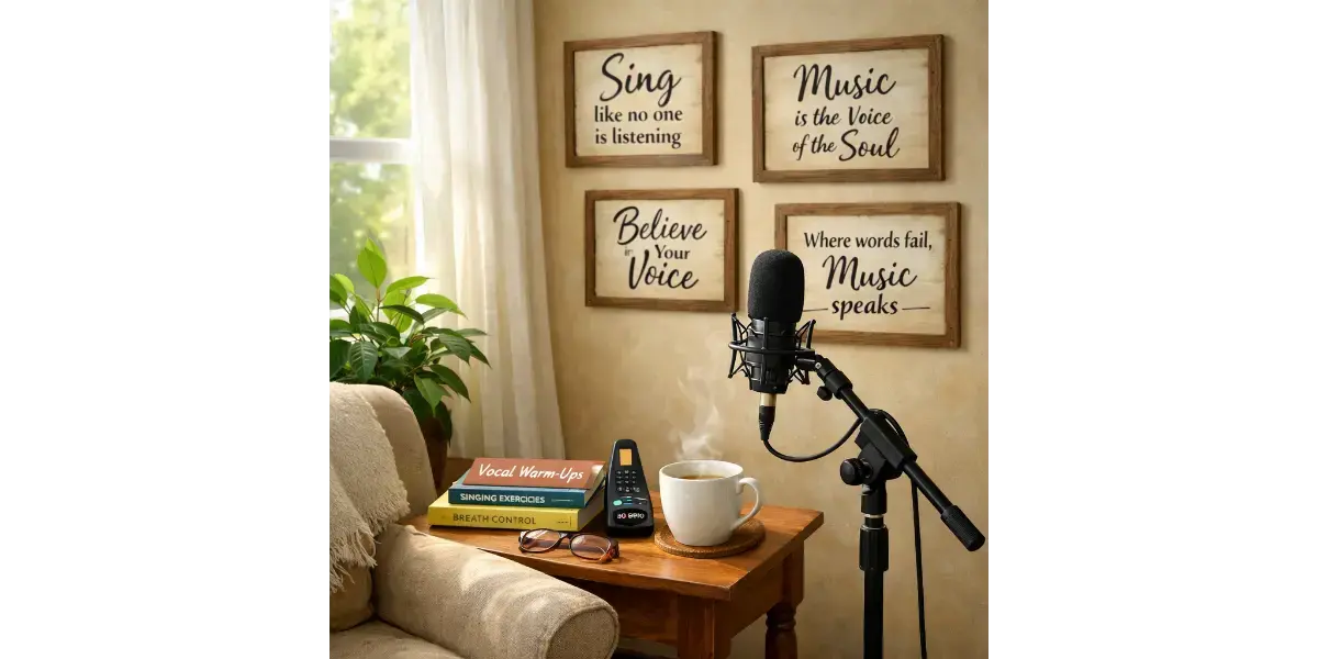 A home music studio with a microphone set up for daily vocal warmups, singing exercises, and vocal practice.