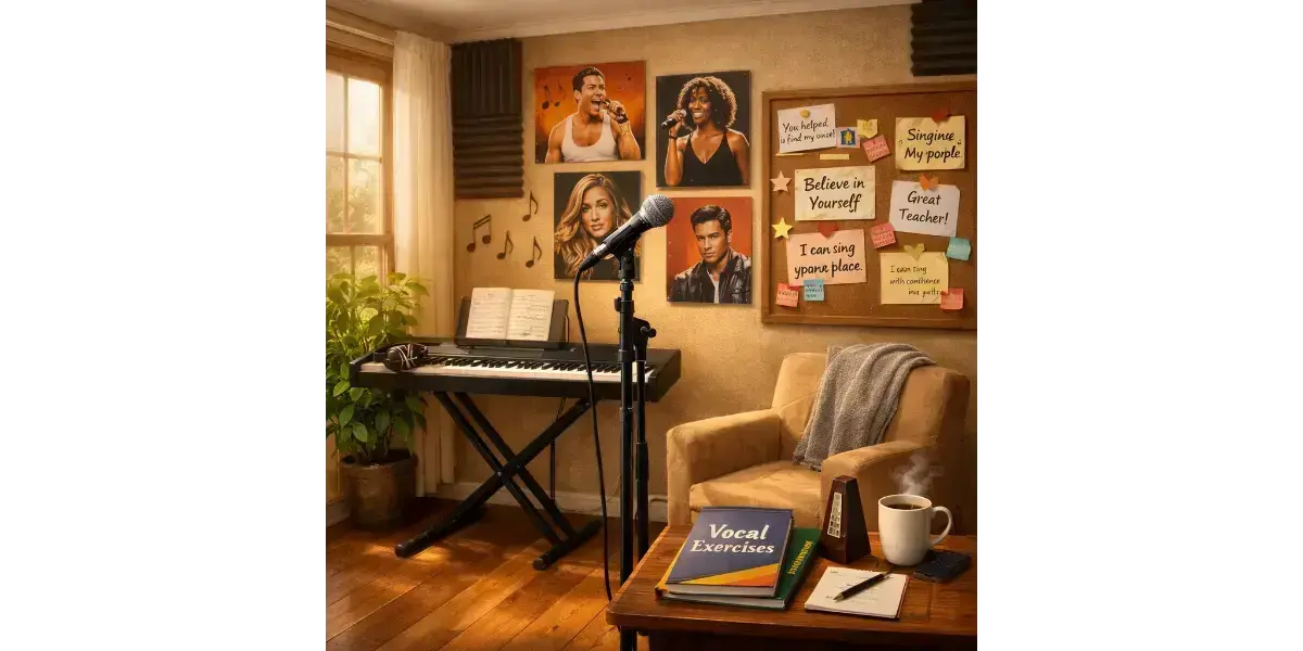 A comfortable home setup for beginner singing lessons, featuring a microphone and music stand in an inviting practice room.