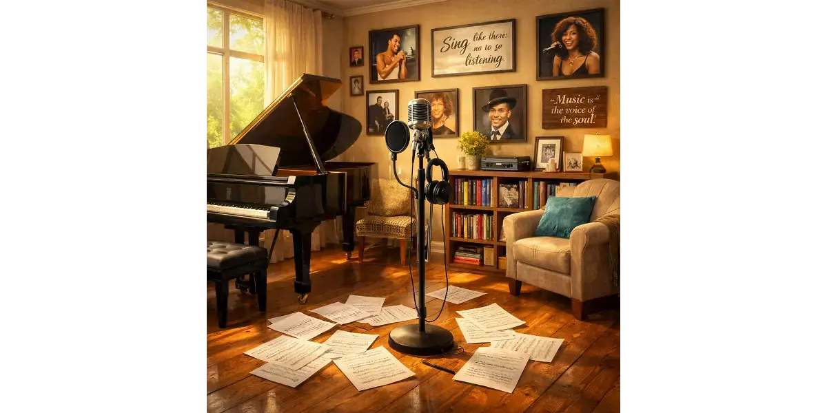 Vocal coach sitting at a grand piano in a music studio preparing for a singing lesson