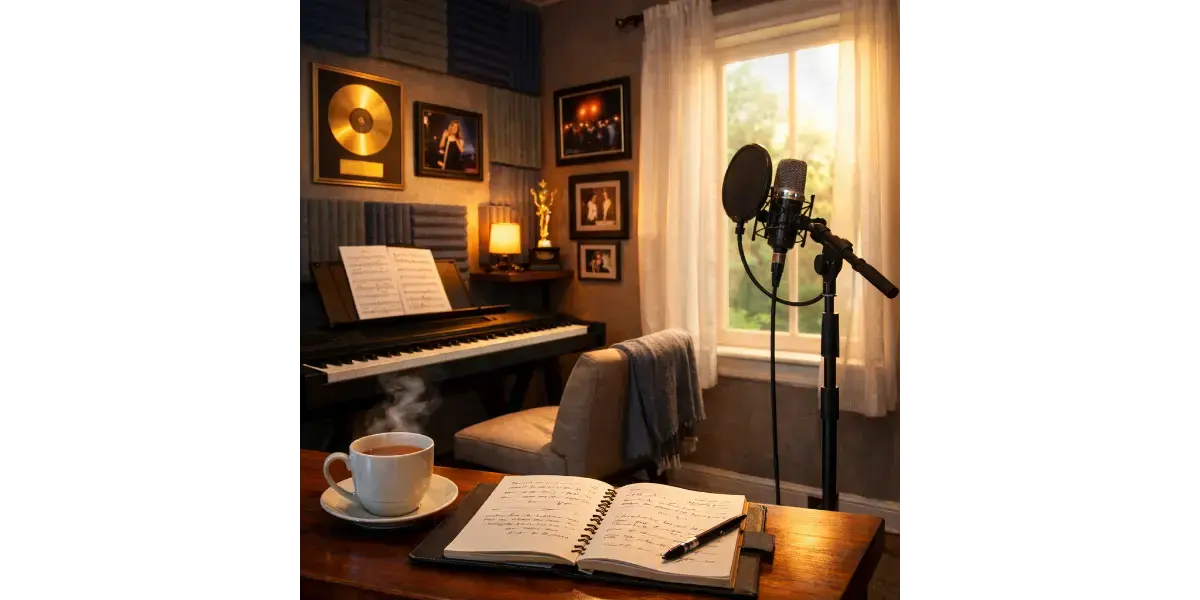 A cozy music practice room with a microphone and piano, representing the journey of learning to sing.
