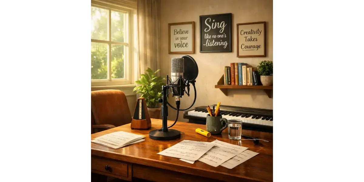 A home studio setup with a microphone on a desk, ready for practicing exercises from a quick singing lesson.