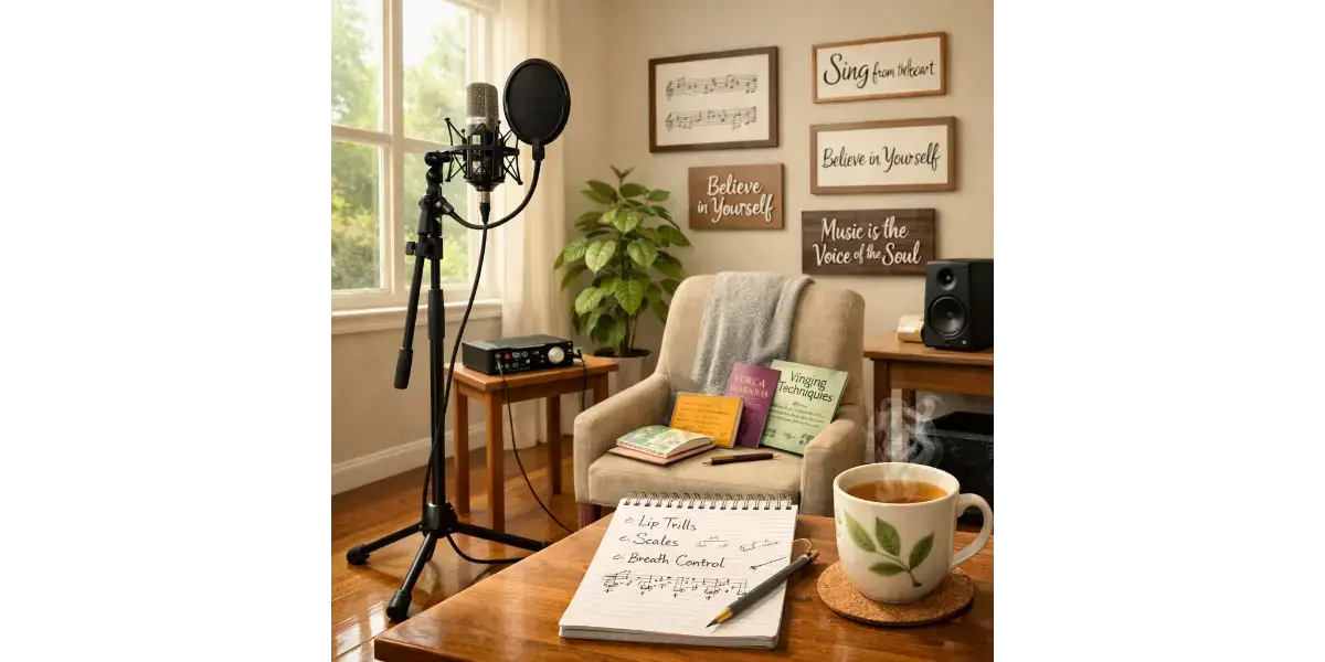 A microphone setup in a comfortable room, creating an inviting space for singers to practice daily vocal warm-up routines.