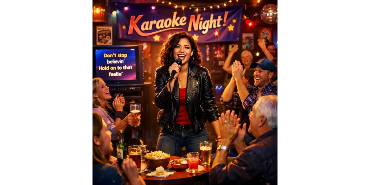 A confident singer performing on stage at a karaoke night, representing the ultimate guide to the best karaoke songs for every voice.