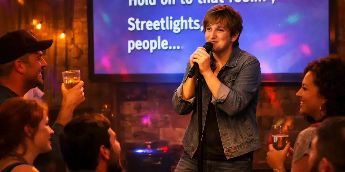 A man confidently singing karaoke on stage with lyrics on screen, demonstrating how to sing karaoke like a pro for beginners.