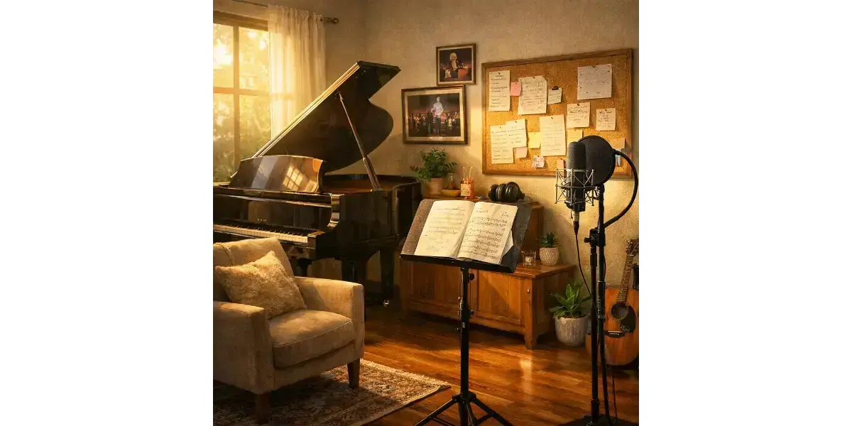 A home music studio with a piano and microphone set up for vocal practice and building a consistent singing routine.