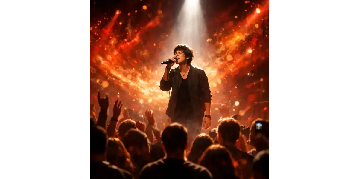 A vocalist singing with emotion and genuine connection during a live stage performance, demonstrating strong stage presence.