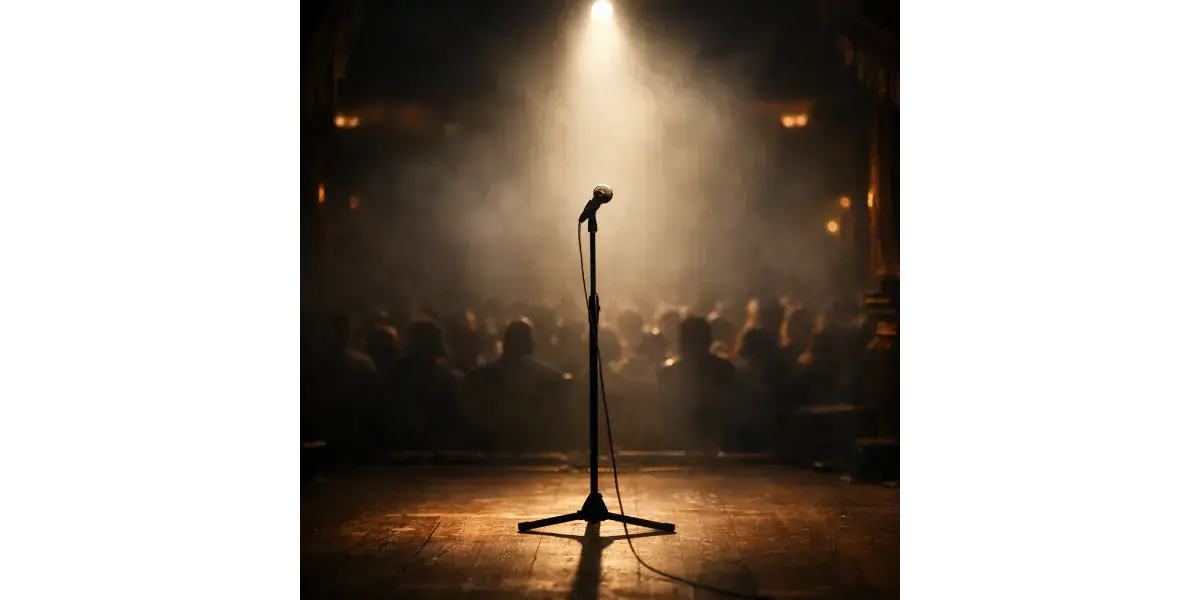 An empty stage with a microphone in a dramatic spotlight, representing vocal performance and stage presence.