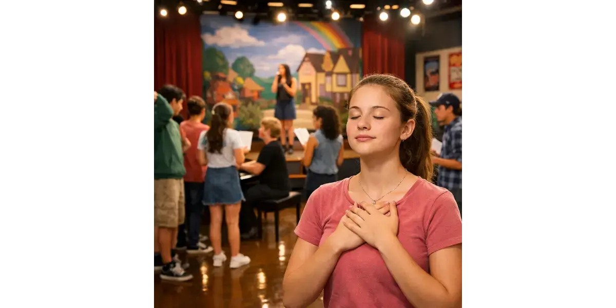 A teenage girl confidently performing a song at a high school musical audition.