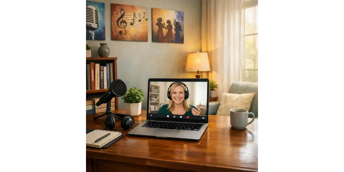 A laptop on a desk displaying a female vocal coach on a video call, representing online singing lessons.