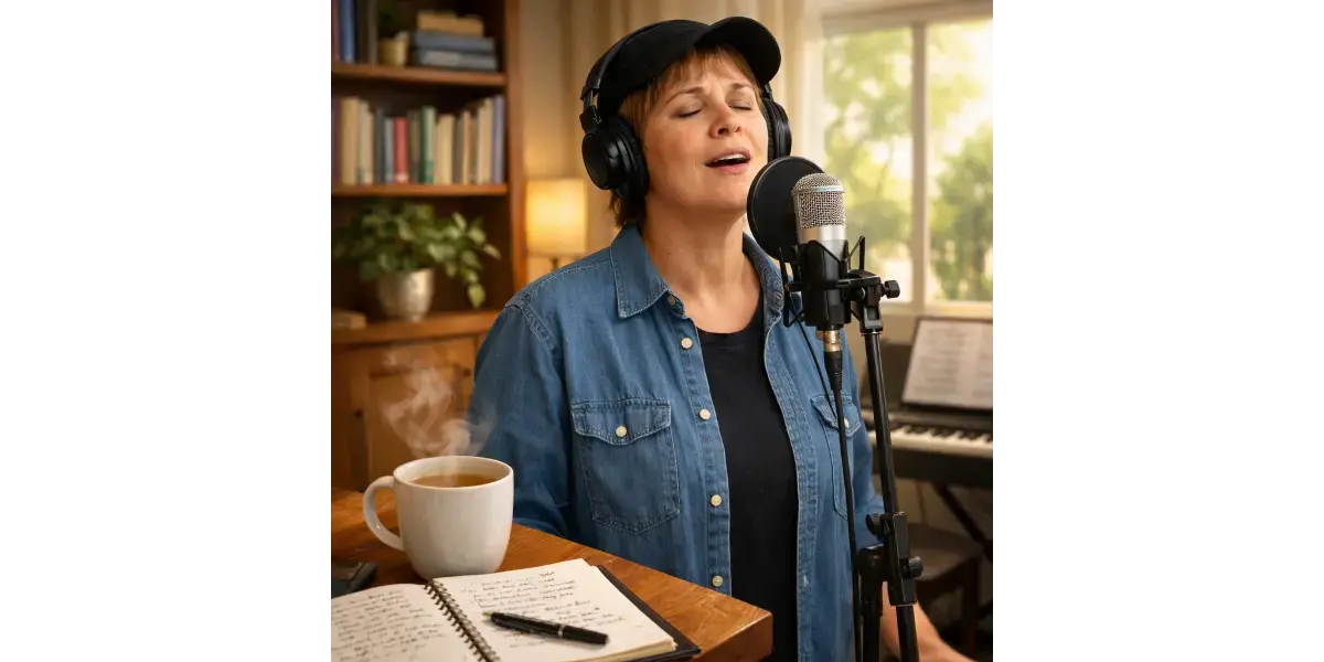An adult woman confidently singing into a microphone in a home studio, representing how adult singers can overcome stage fright.