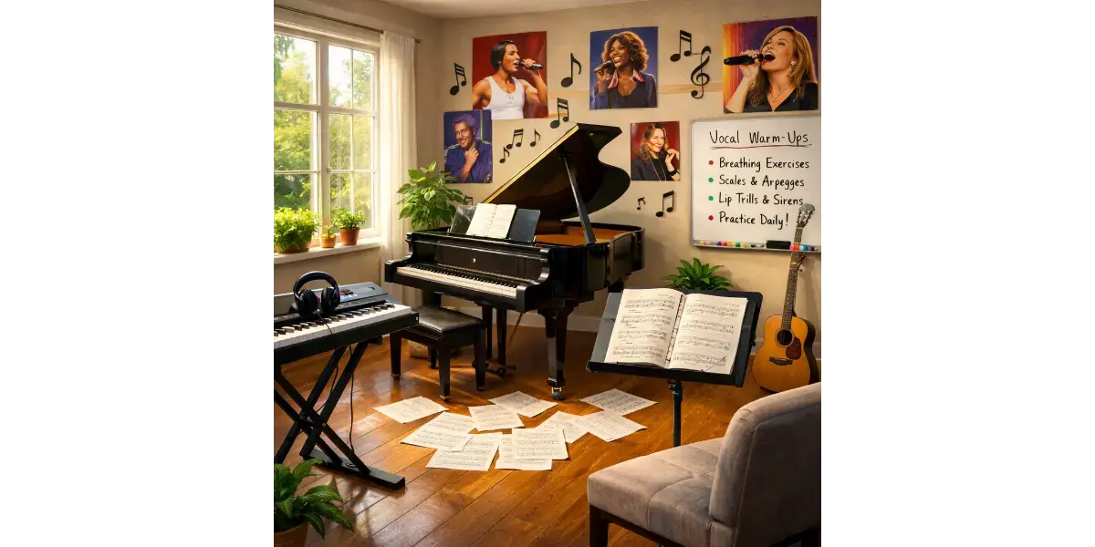 A cozy music room with a grand piano and scattered sheet music, representing how to read music notes for singers.