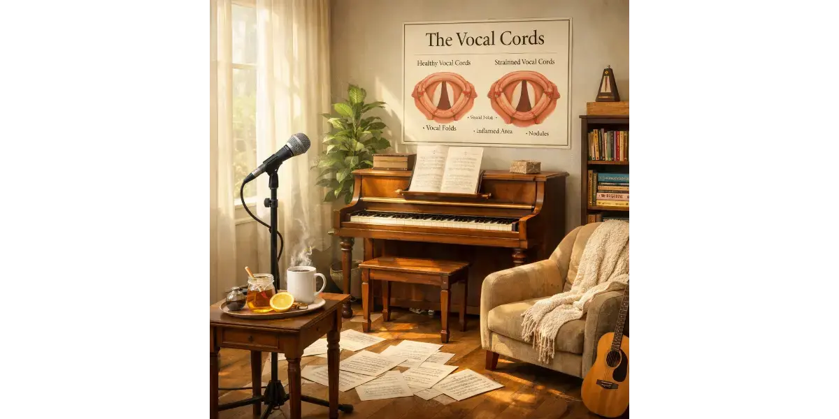A comfortable vocal studio equipped with a microphone and seating, representing a relaxing environment for voice lessons and vocal care.