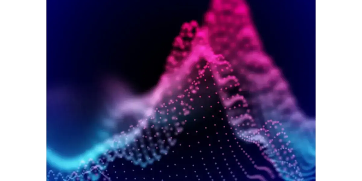 Abstract digital visualization of vibrant pink and blue glowing sound waves on a dark background.
