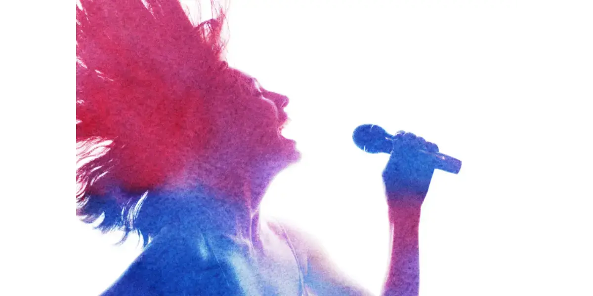 A colorful, abstract watercolor silhouette of a person singing into a microphone, representing head resonance and vocal mechanics.